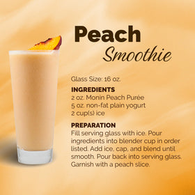 Monin Peach Purée label highlighting allergen-free, non-GMO ingredients