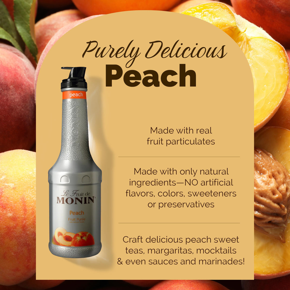 Monin Peach Purée in a cocktail glass showcasing natural fruit goodness
