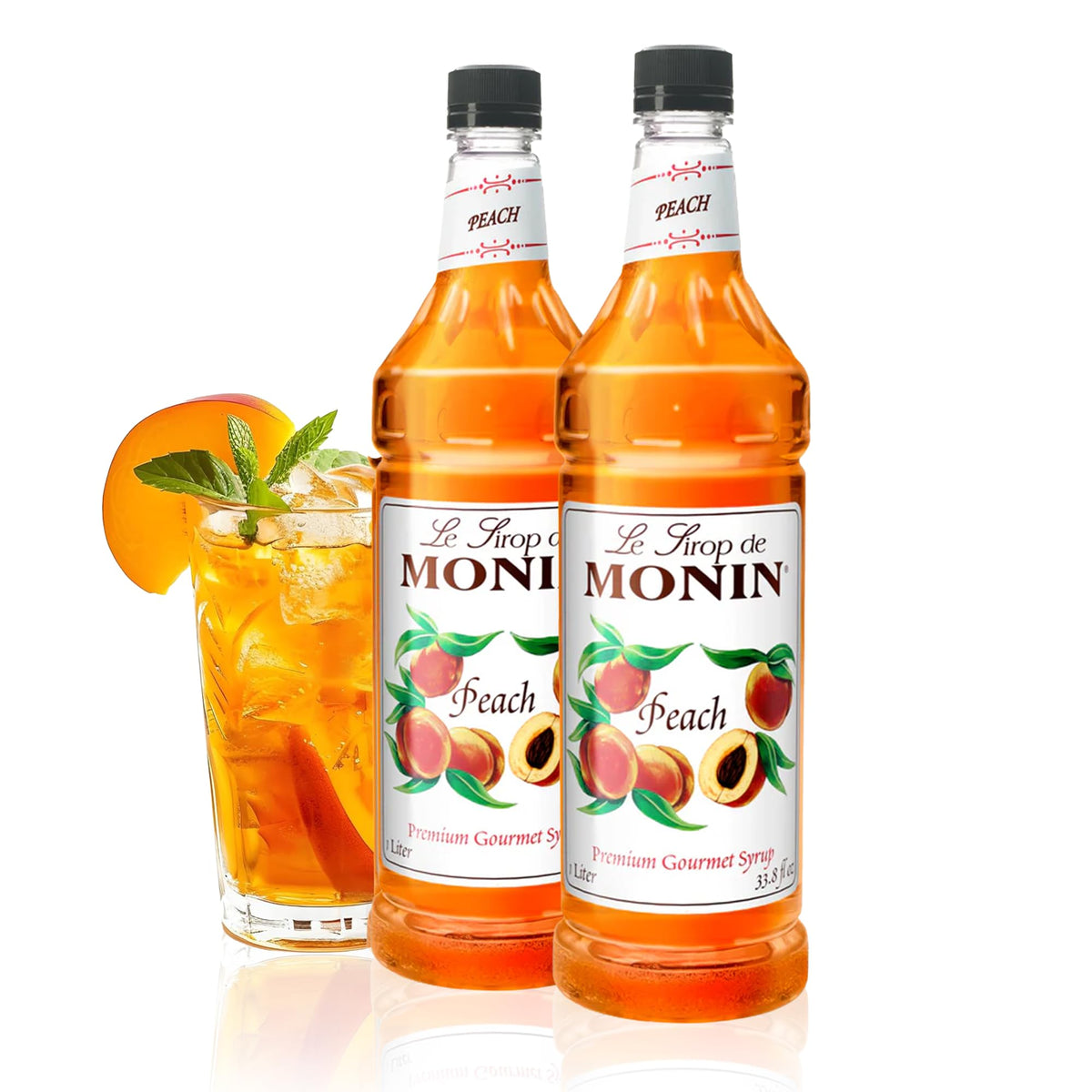 Monin Peach Syrup bottle pour for refreshing iced tea and lemonades.