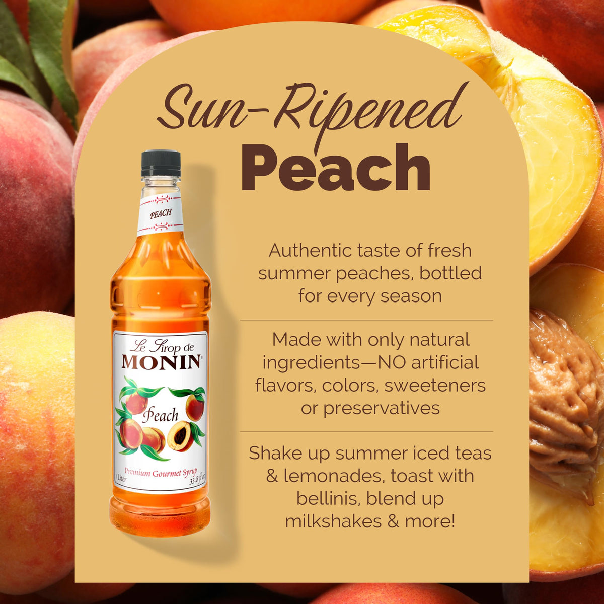 Monin Peach Syrup showcased with soda for a bright fizz.