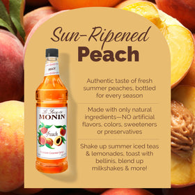Monin Peach Syrup showcased with soda for a bright fizz.