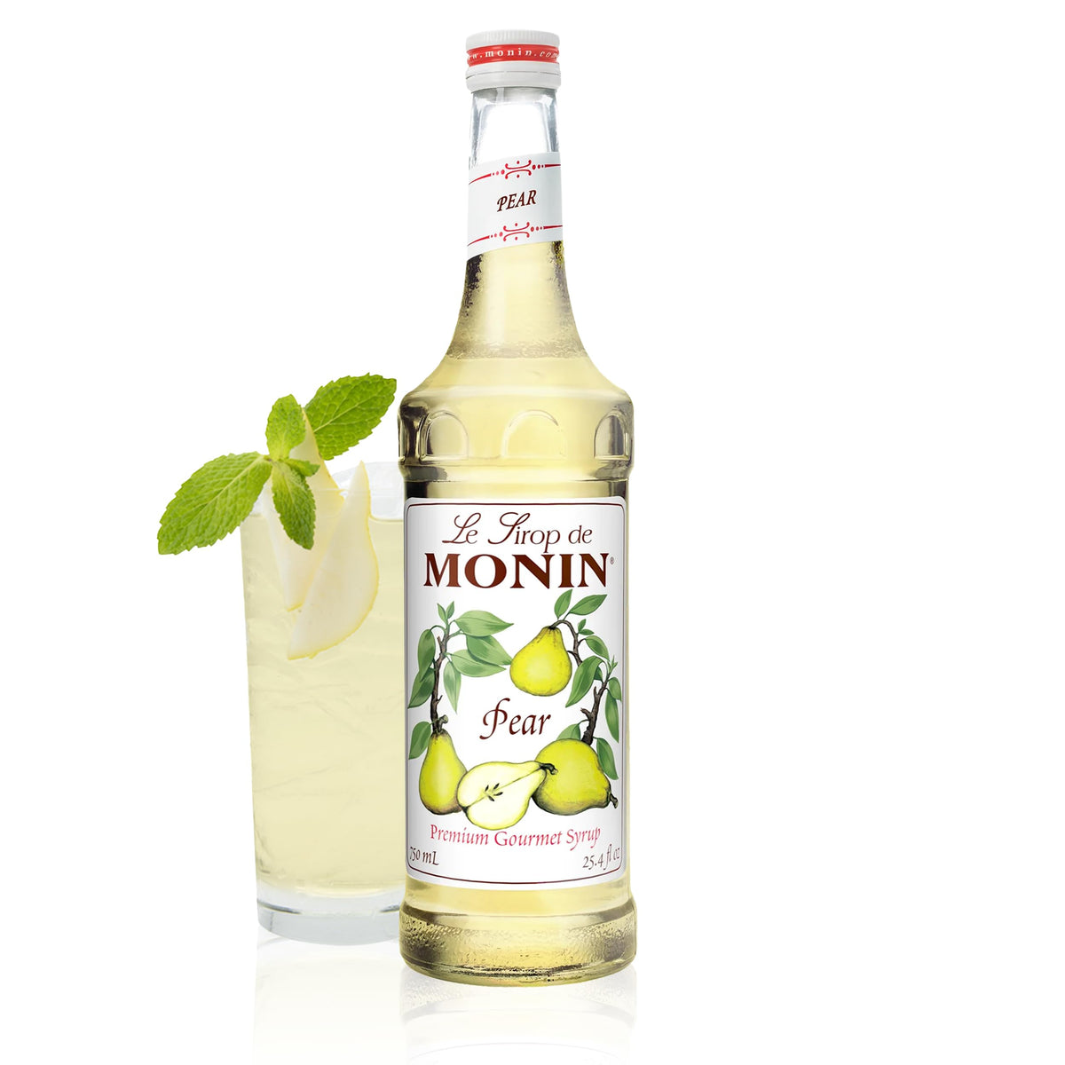 Monin Pear Syrup bottle showing clean label for cocktails and beverages