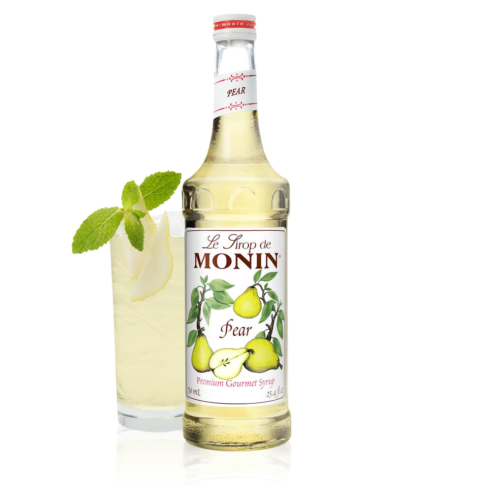 Monin Pear Syrup bottle showing clean label for cocktails and beverages