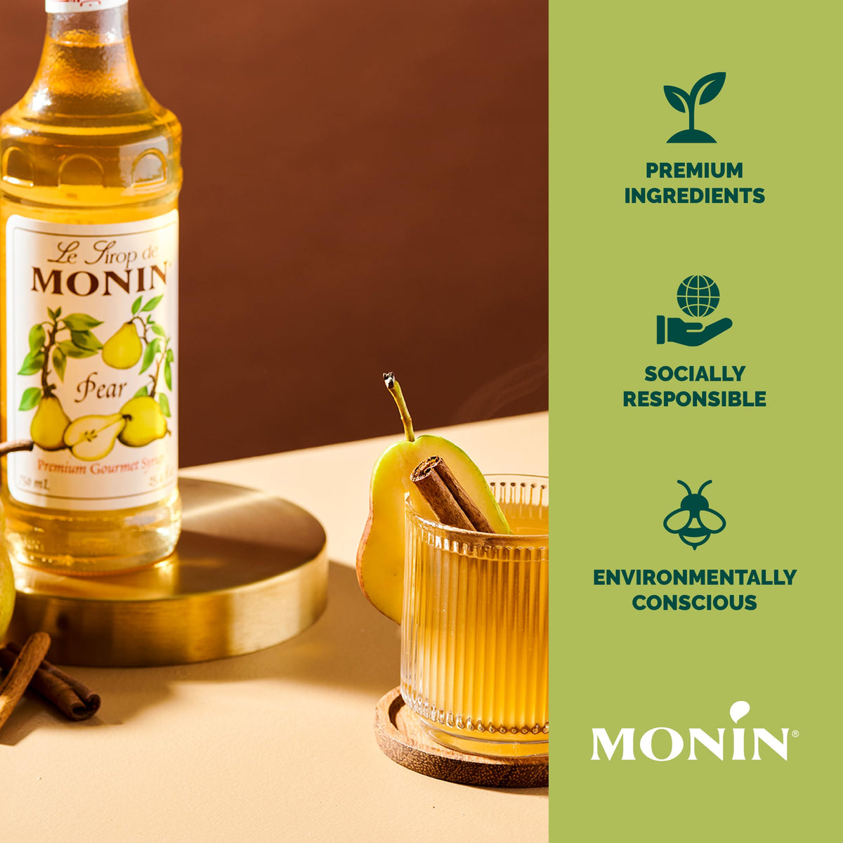 Monin Pear Syrup enhances coffee lattes with pear flavor