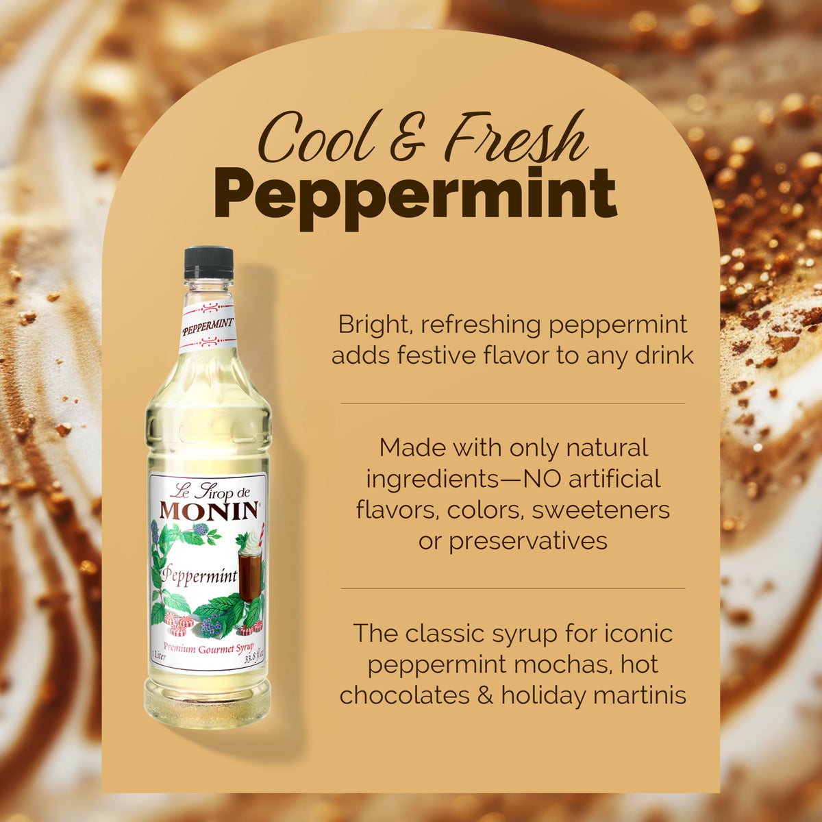 Monin Peppermint Syrup label close-up showing clean ingredient notes.