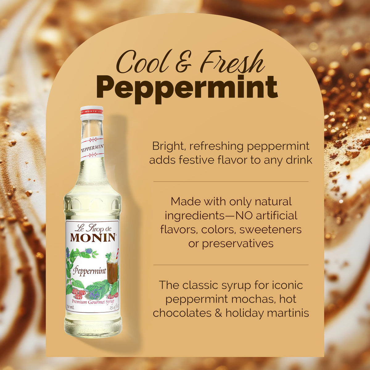 Close-up of Monin Peppermint Syrup label highlighting clean label ingredients