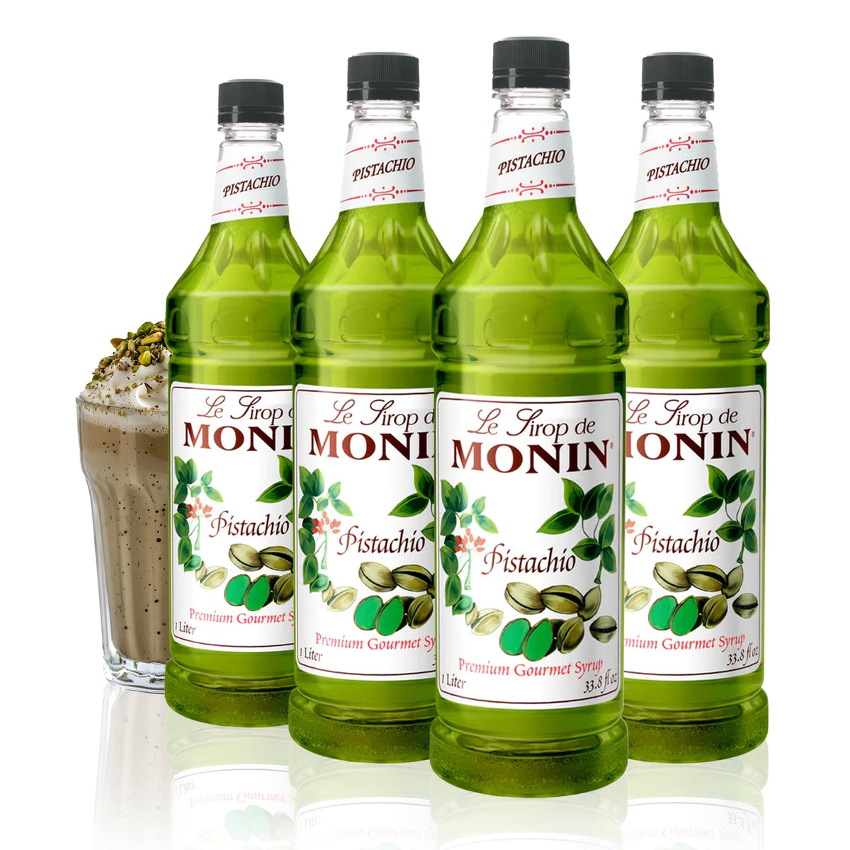 Monin Pistachio Syrup bottle pour enhances coffee with rich nutty aroma.