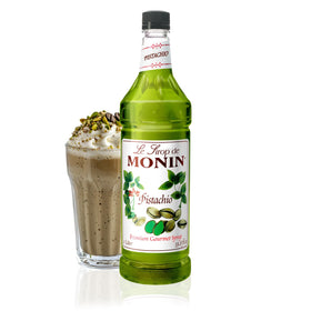 Monin Pistachio Syrup bottle showcases rich pistachio flavor for lattes