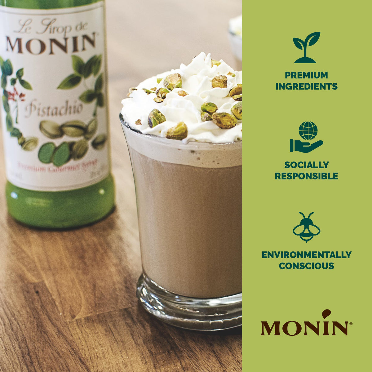 Monin Pistachio Syrup dessert cocktail showcases pistachio flavor