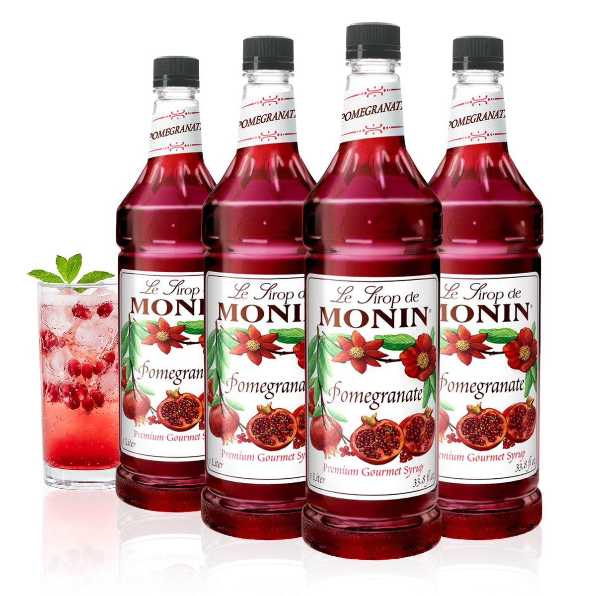 Monin Pomegranate Syrup bottle for versatile cocktails and teas.