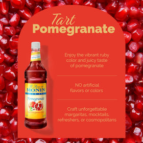 Monin Pomegranate Syrup used in a cocktail or martini showcase versatile, sugar-free flavor.