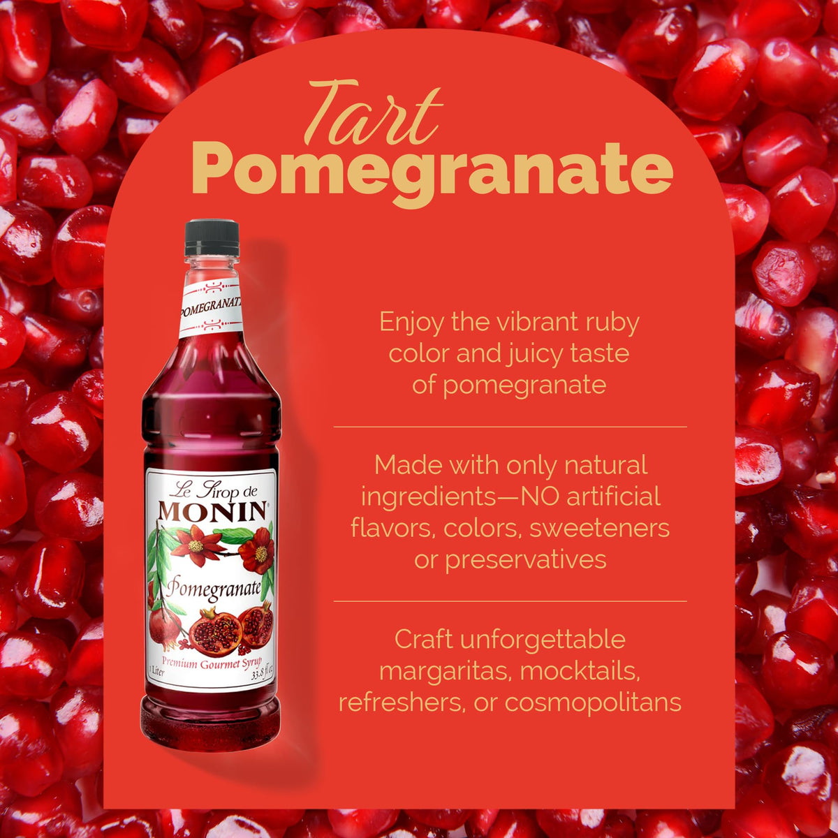 Monin Pomegranate Syrup label highlighting clean ingredients.