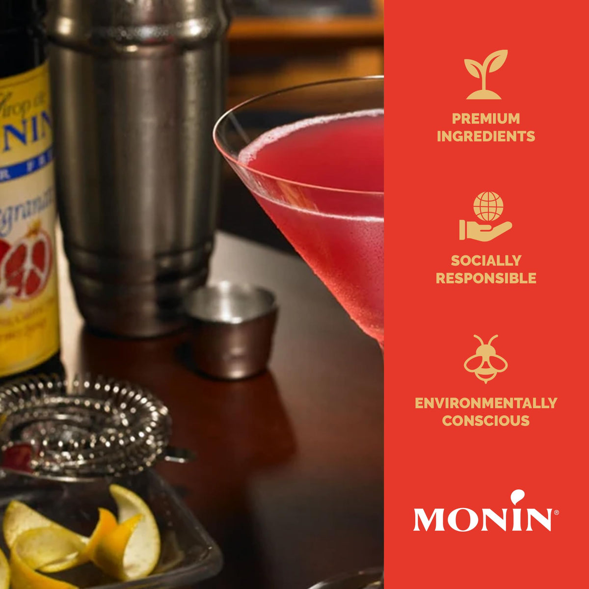 Monin Pomegranate Syrup add to tea or mocktails for refreshing, fruity sips.