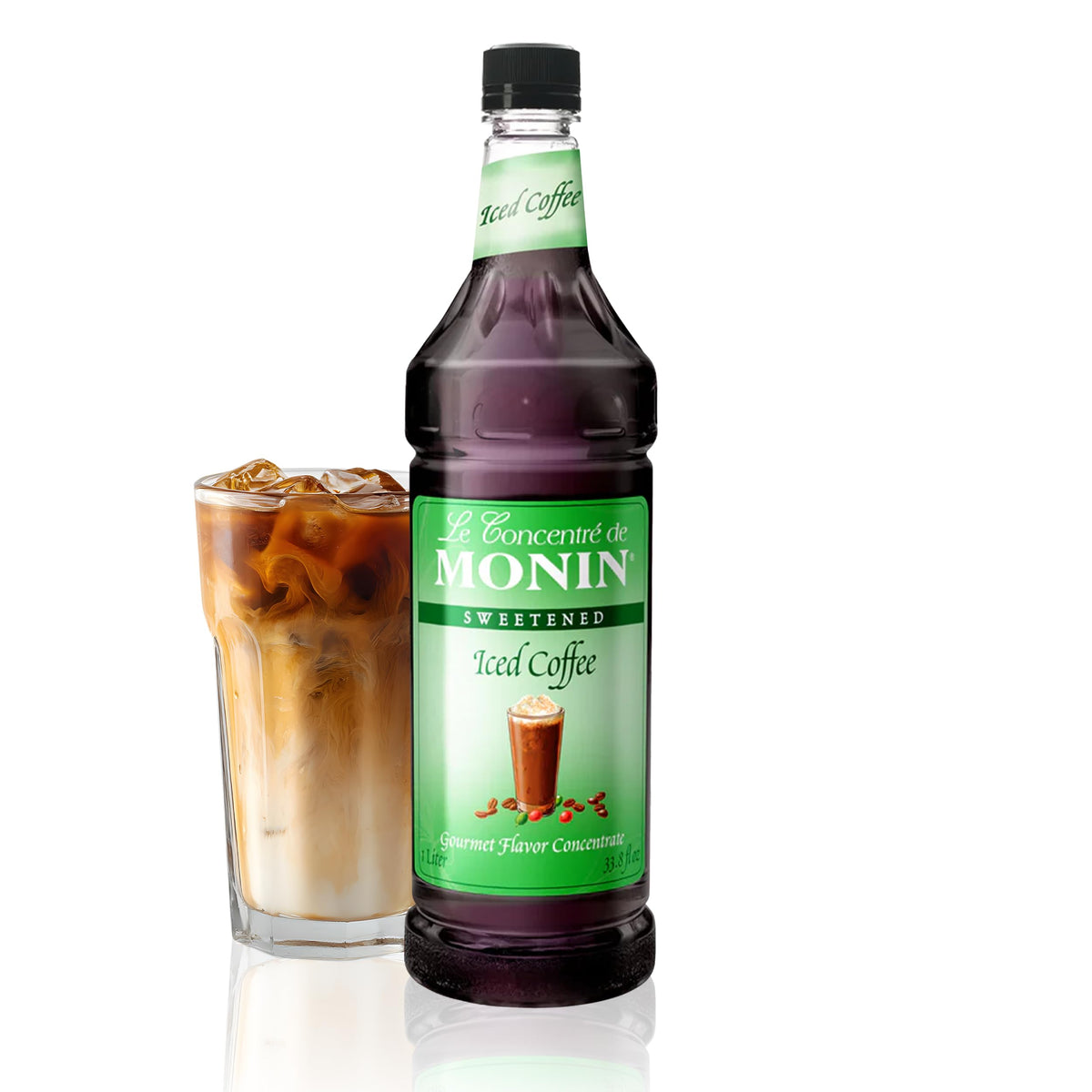 Monin Premium Iced Coffee Concentrate bottle shows clean label and convenient 1 liter size.
