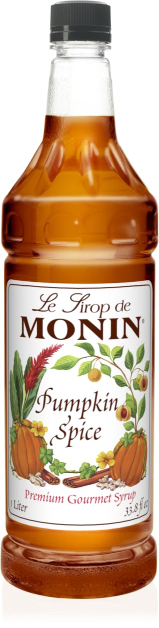 Monin Pumpkin Spice Syrup bottle, perfect for cozy coffees and autumn desserts.