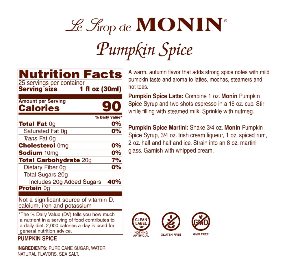 Monin Pumpkin Spice Syrup pour adds rich seasonal flavor to beverages.