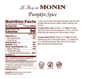 Monin Pumpkin Spice Syrup pour adds rich seasonal flavor to beverages.