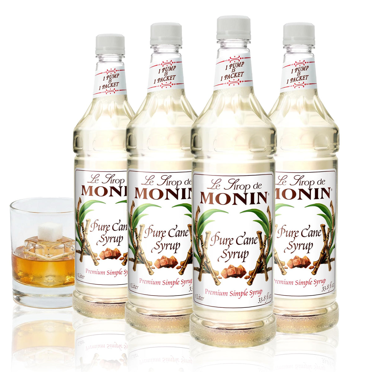Monin Pure Cane Syrup bottle pour for coffee and tea flavoring