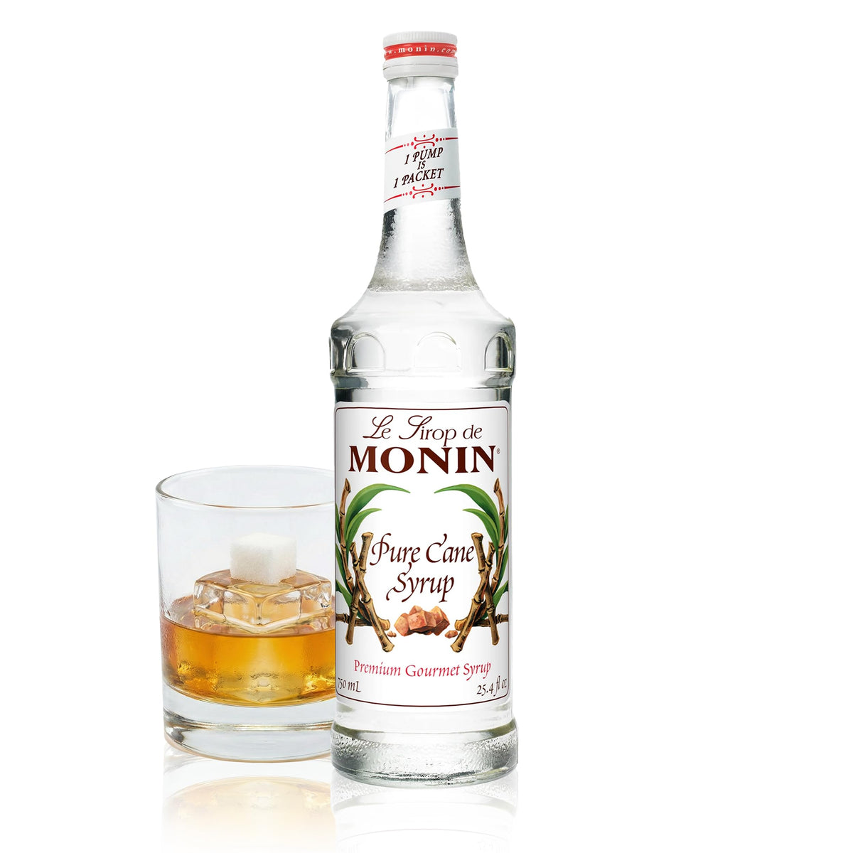 Monin Pure Cane Syrup bottle highlighting allergen-free formula and pure sweetness