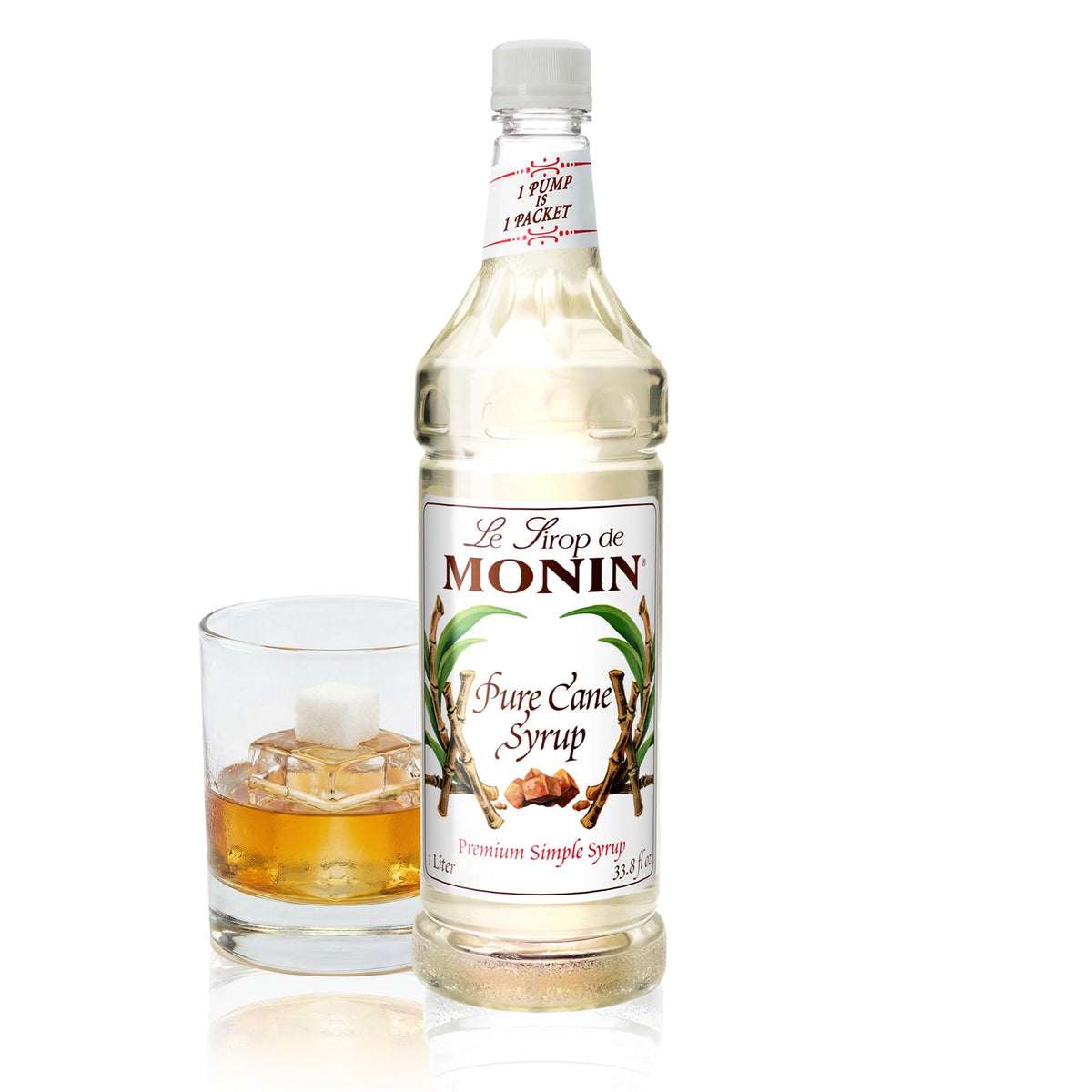 Monin Pure Cane Syrup bottle with clean labeling for versatile use and flavor clarity
