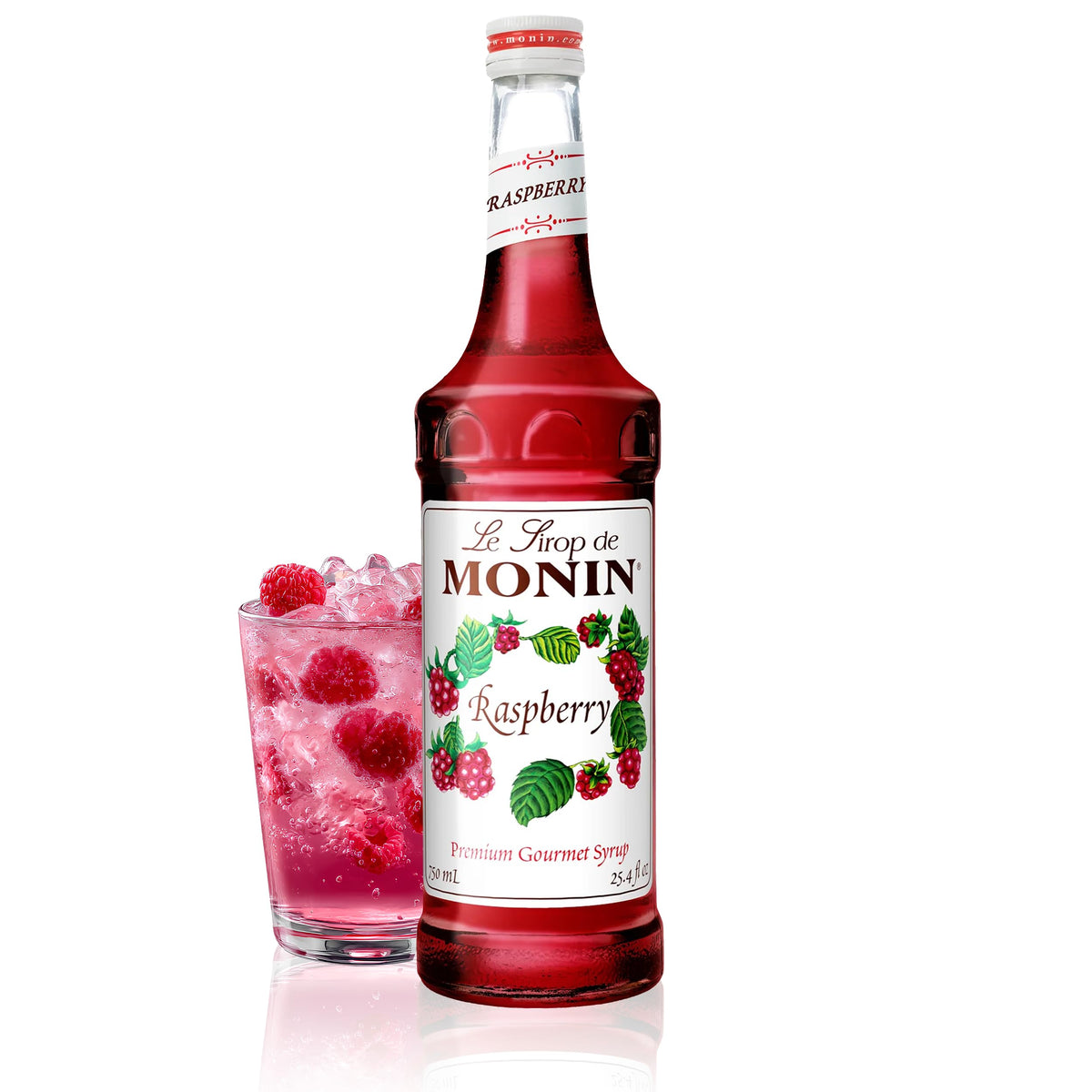 Monin Raspberry Syrup bottle front view, ideal for cocktails and lemonades.