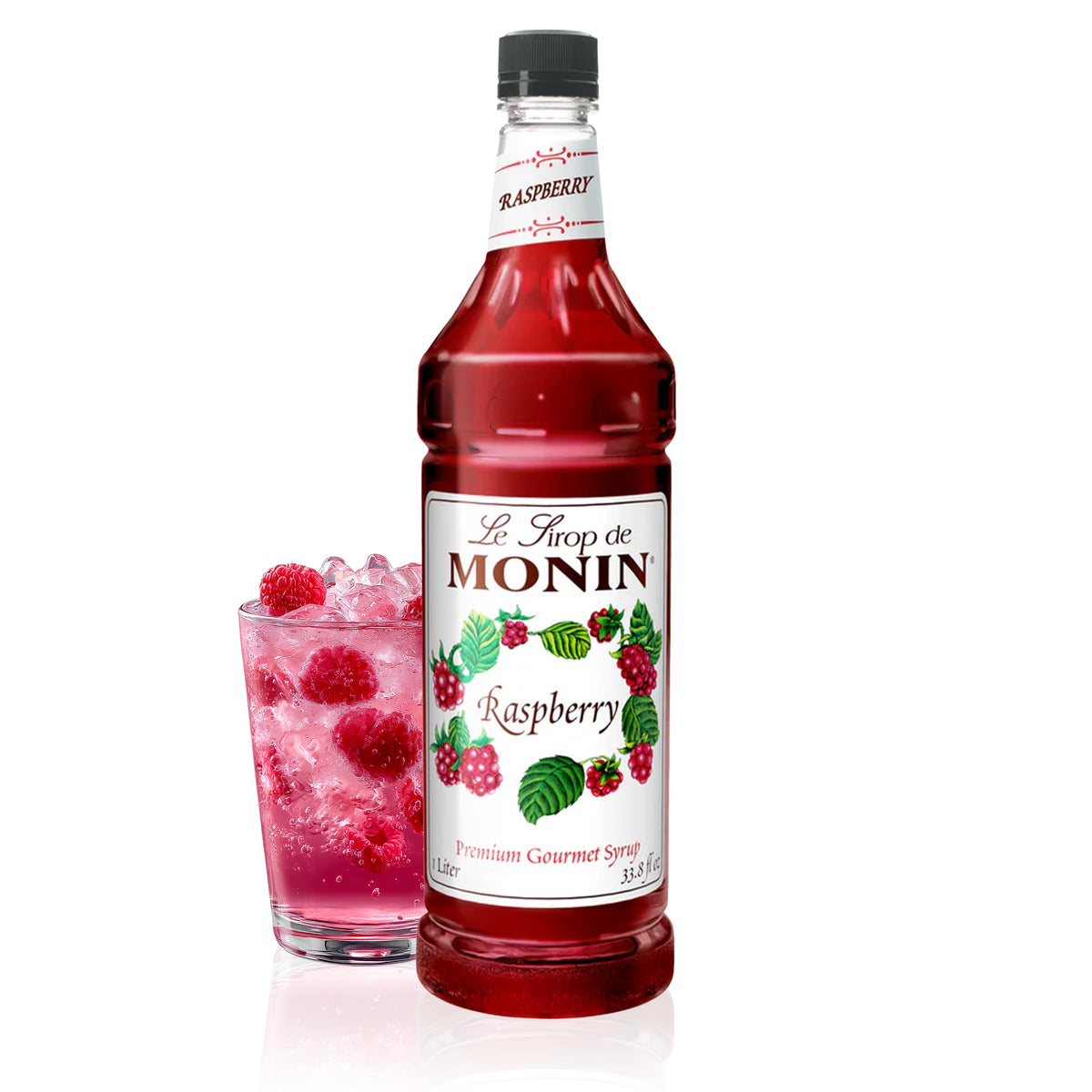 Monin Raspberry Syrup bottle pour enhances cocktails with bright berry notes