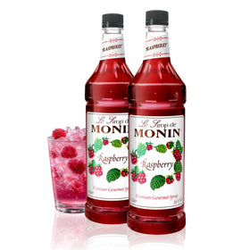 Monin Raspberry Syrup bottle pour enhances cocktails and lemonades with a balanced berry flavor.