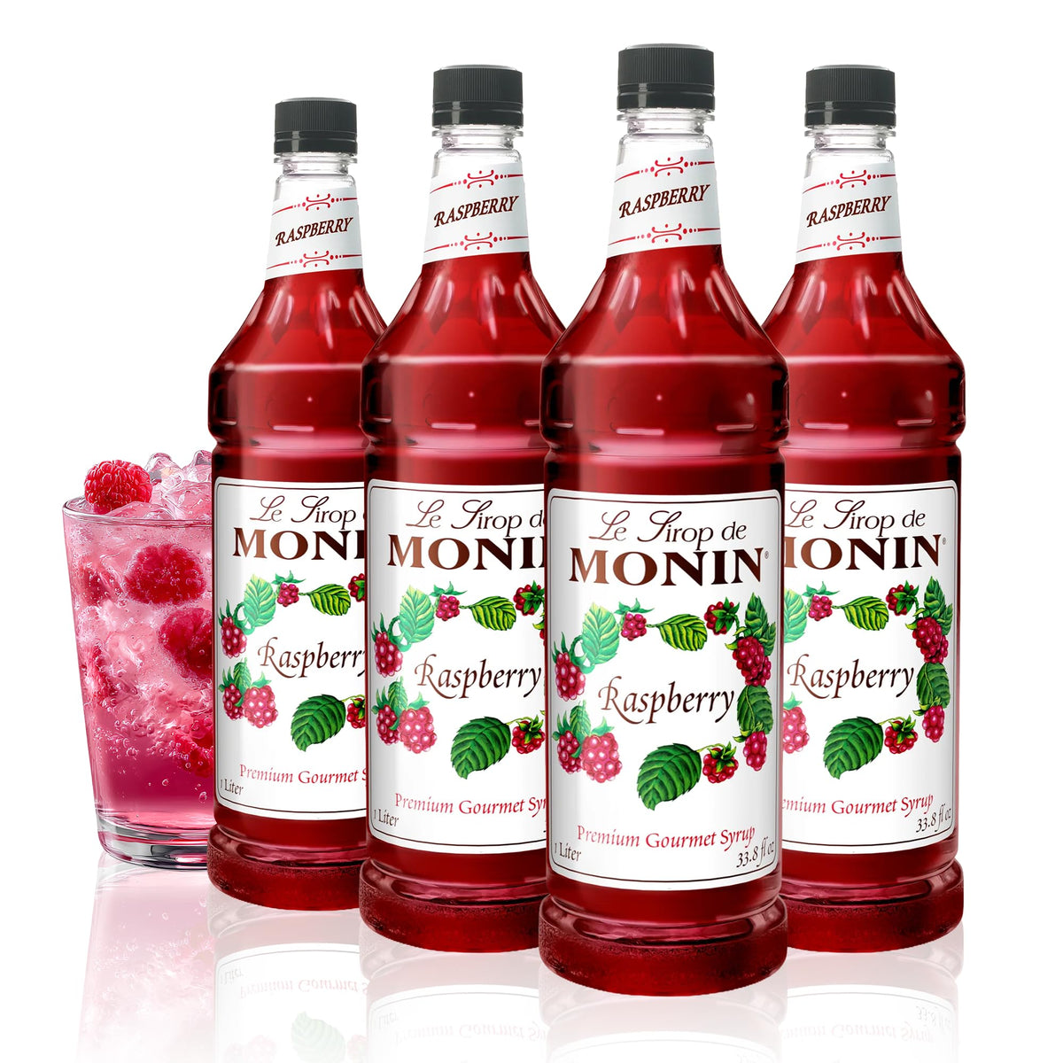 Monin Raspberry Syrup bottle pour adds bright berry flavor to cocktails
