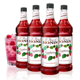Monin Raspberry Syrup bottle pour adds bright berry flavor to cocktails