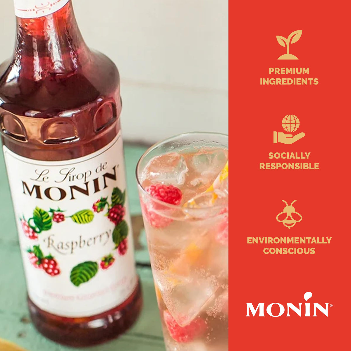 Monin Raspberry Syrup over iced tea creates a refreshing berry-forward finish.