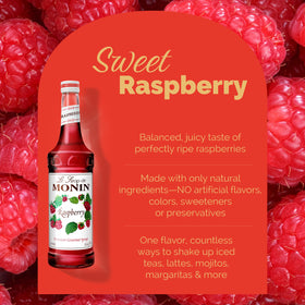 Monin Raspberry Syrup label close-up shows allergen-free and non-GMO features.