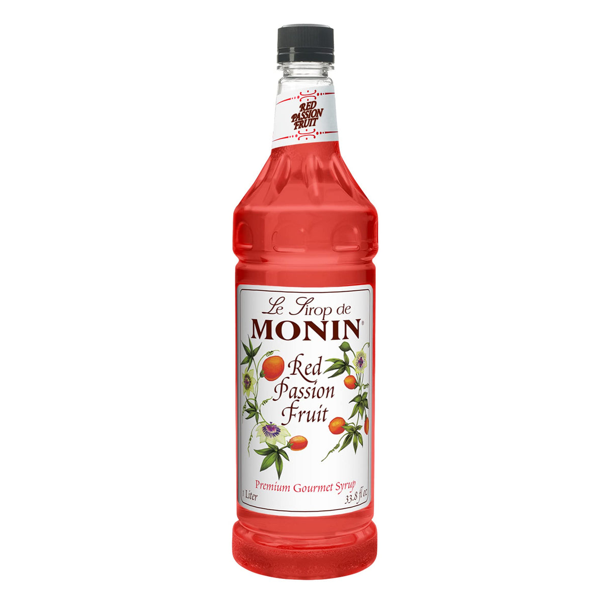 Monin Red Passion Fruit syrup bottle pour showing vibrant color ideal for tropical cocktails.