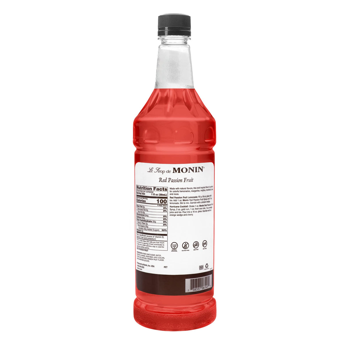 Monin Red Passion Fruit syrup in a tropical cocktail glass, adding color and fruit-forward flavor.
