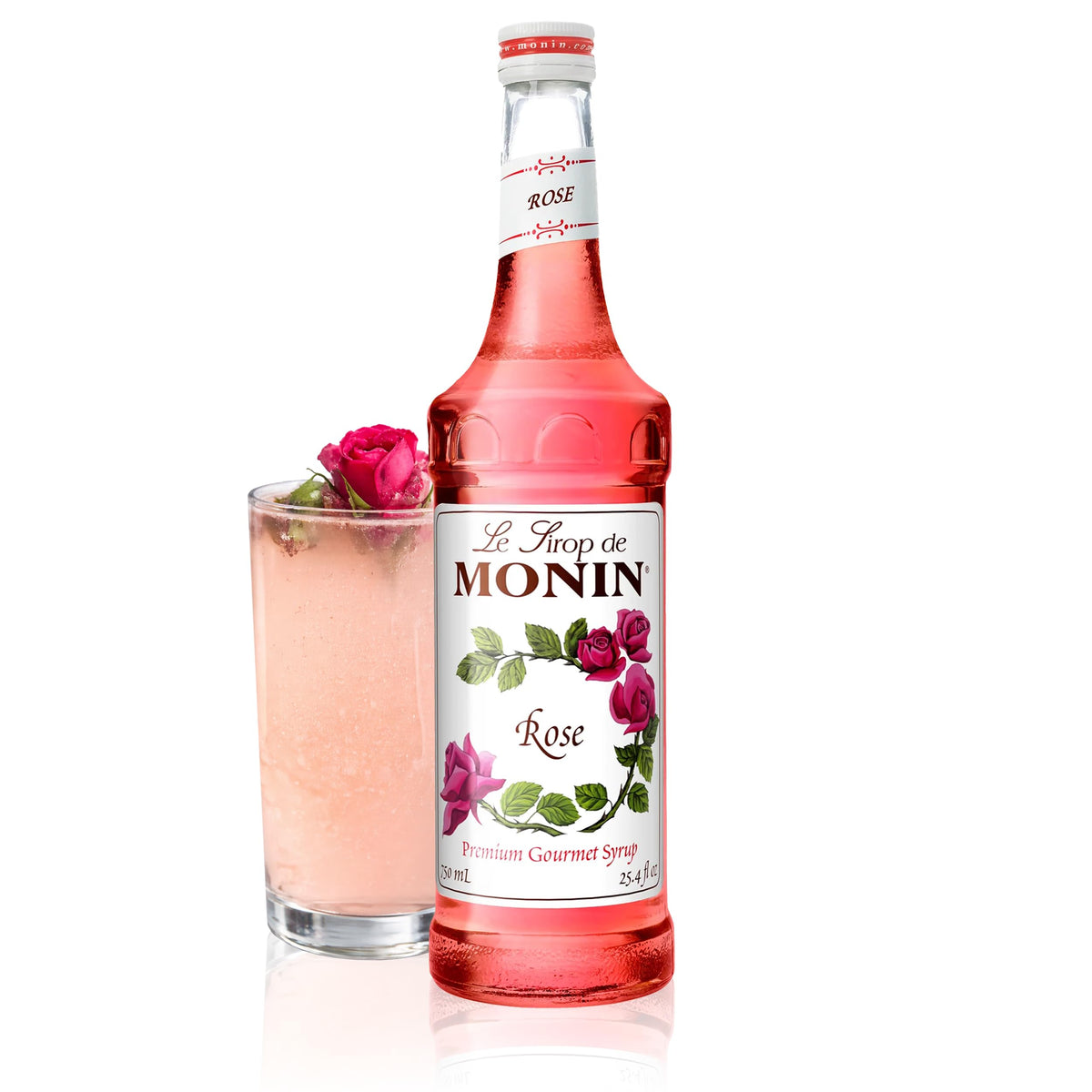 Monin Rose Syrup bottle front for elegant cocktails