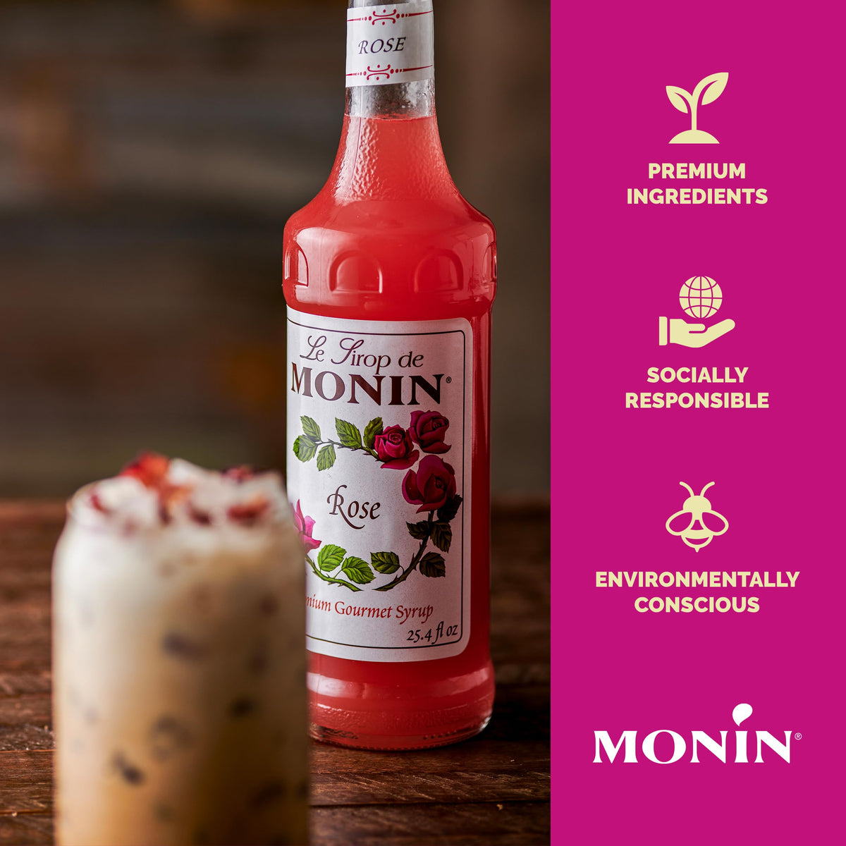 Monin Rose Syrup used to flavor a refreshing soda