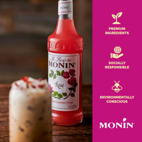 Monin Rose Syrup used to flavor a refreshing soda