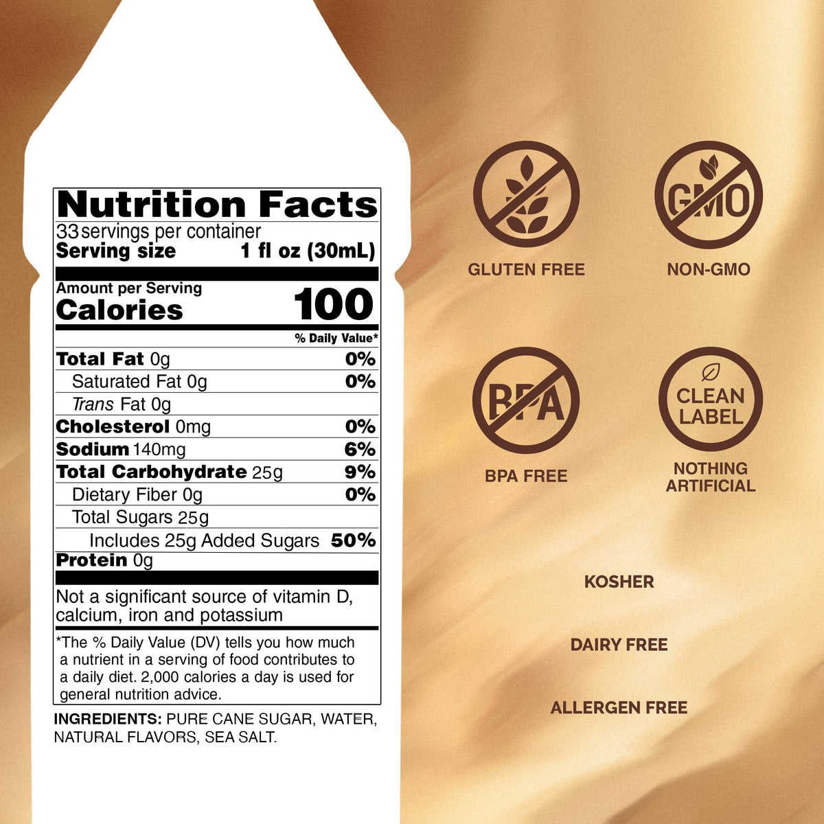 Monin Salted Caramel Syrup bottle shown for cocktails and desserts
