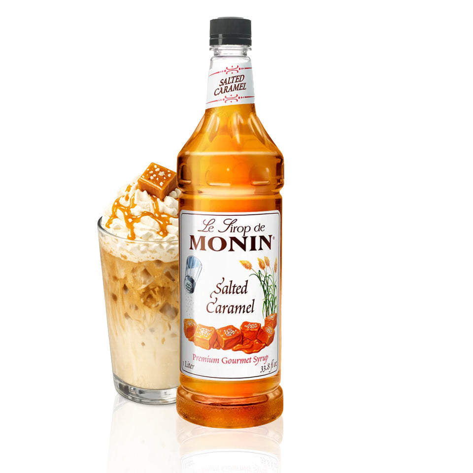 Monin Salted Caramel Syrup pour over coffee for a salted caramel latte