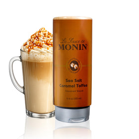Monin Sea Salt Caramel Toffee bottle highlights rich flavor for coffee and desserts