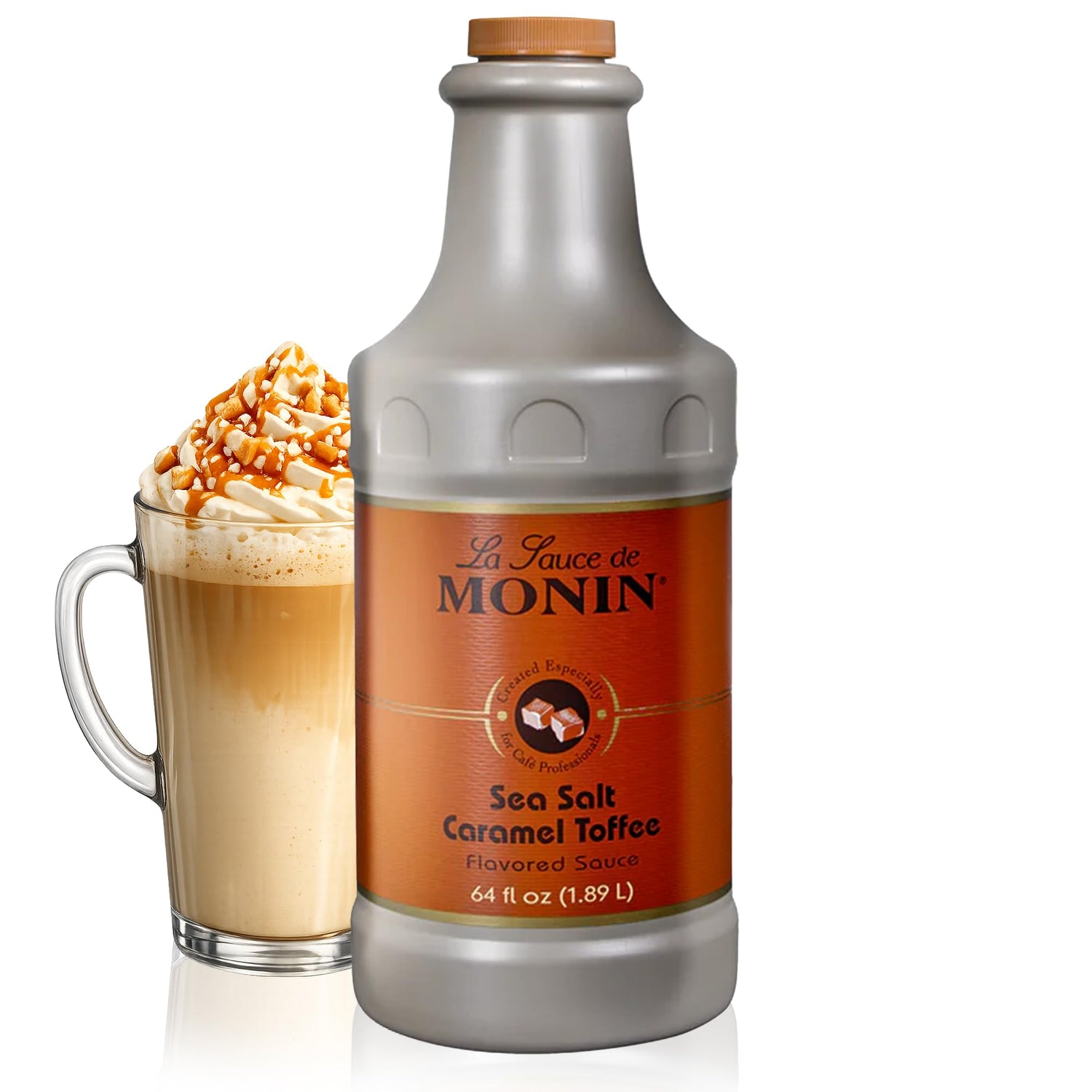 Monin Sea Salt Caramel Toffee bottle showing rich buttery caramel flavor ideal for coffee