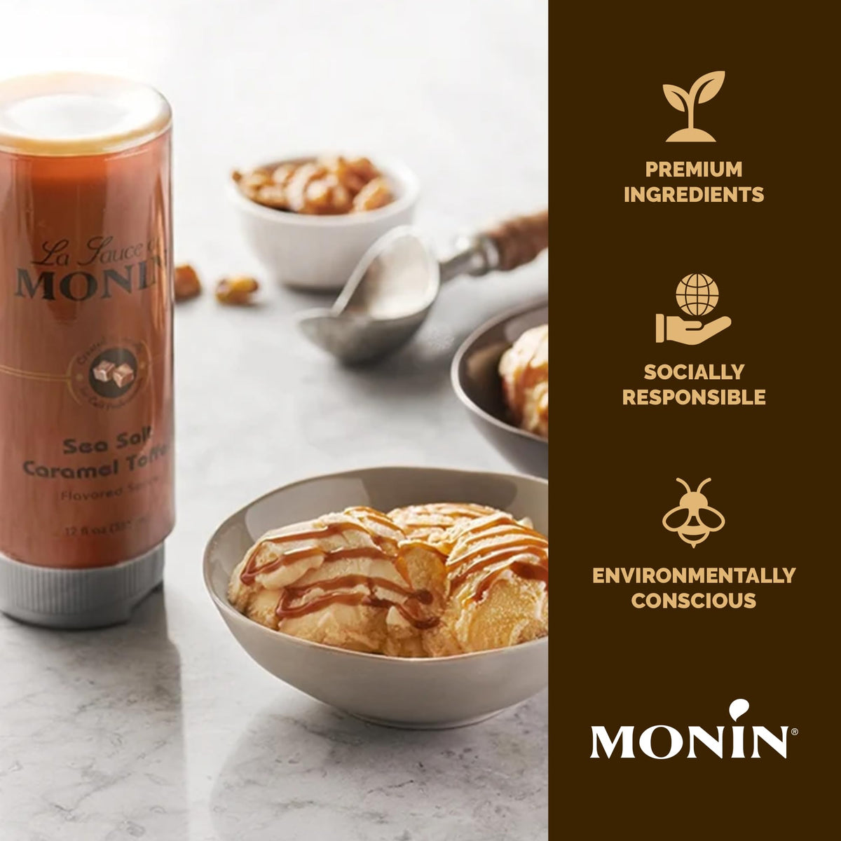 Monin Sea Salt Caramel Toffee coffee syrup elevates espresso beverages