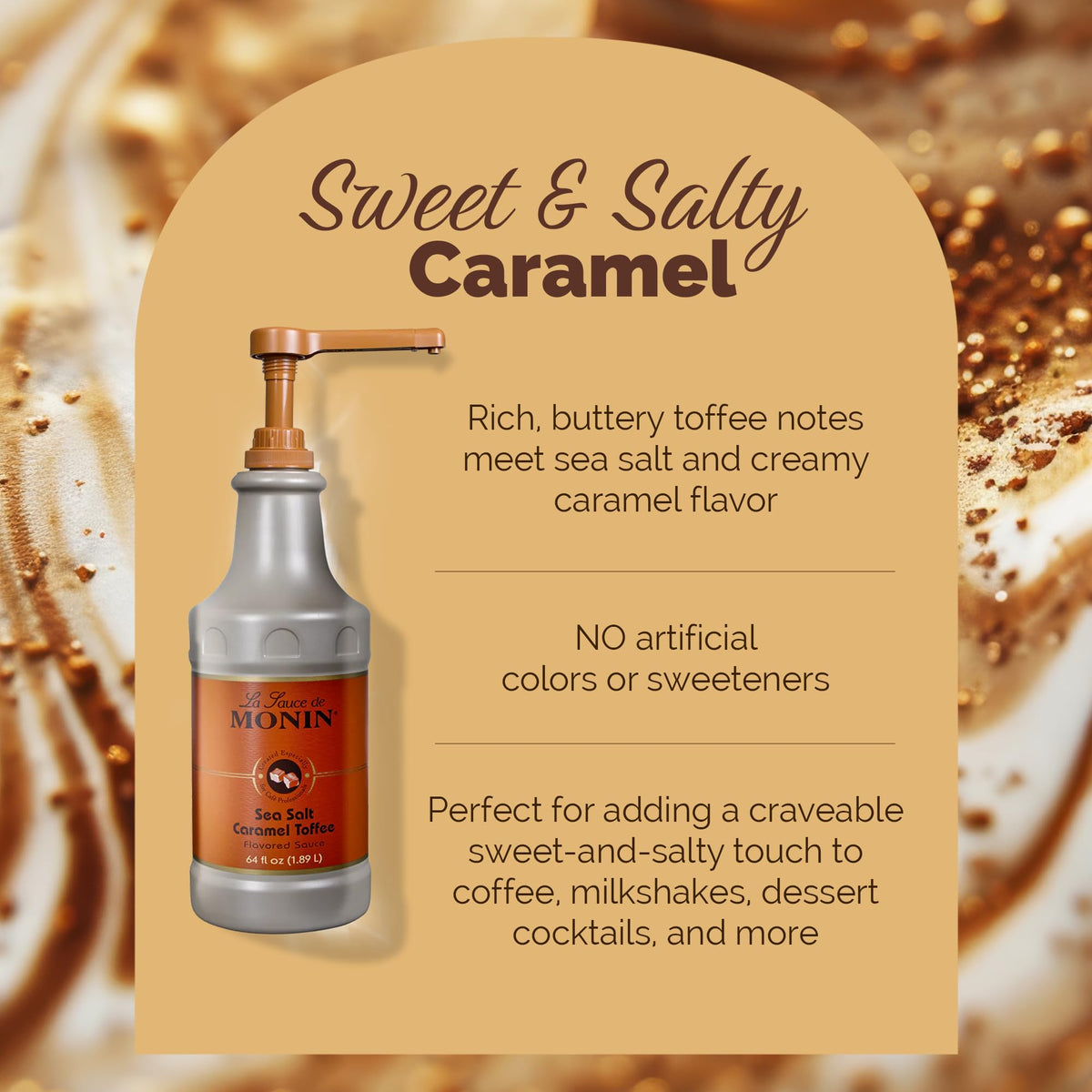 Dessert drizzle with Monin Sea Salt Caramel Toffee flavor on a plate