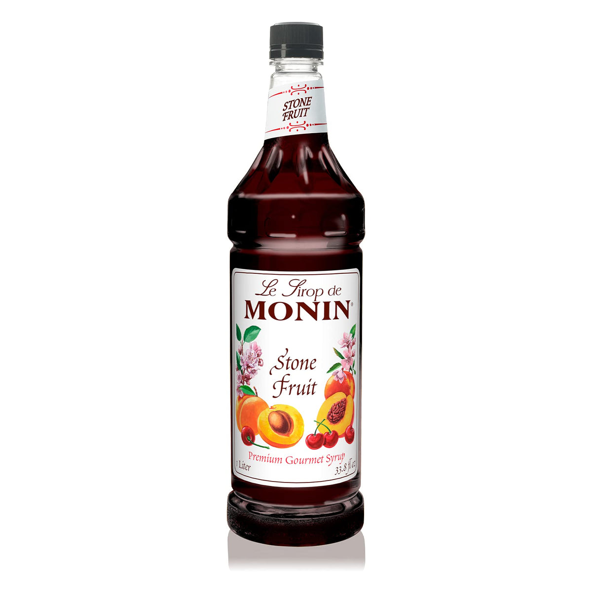 Monin Stone Fruit Syrup PET bottle ideal for teas, lemonades, and cocktails.