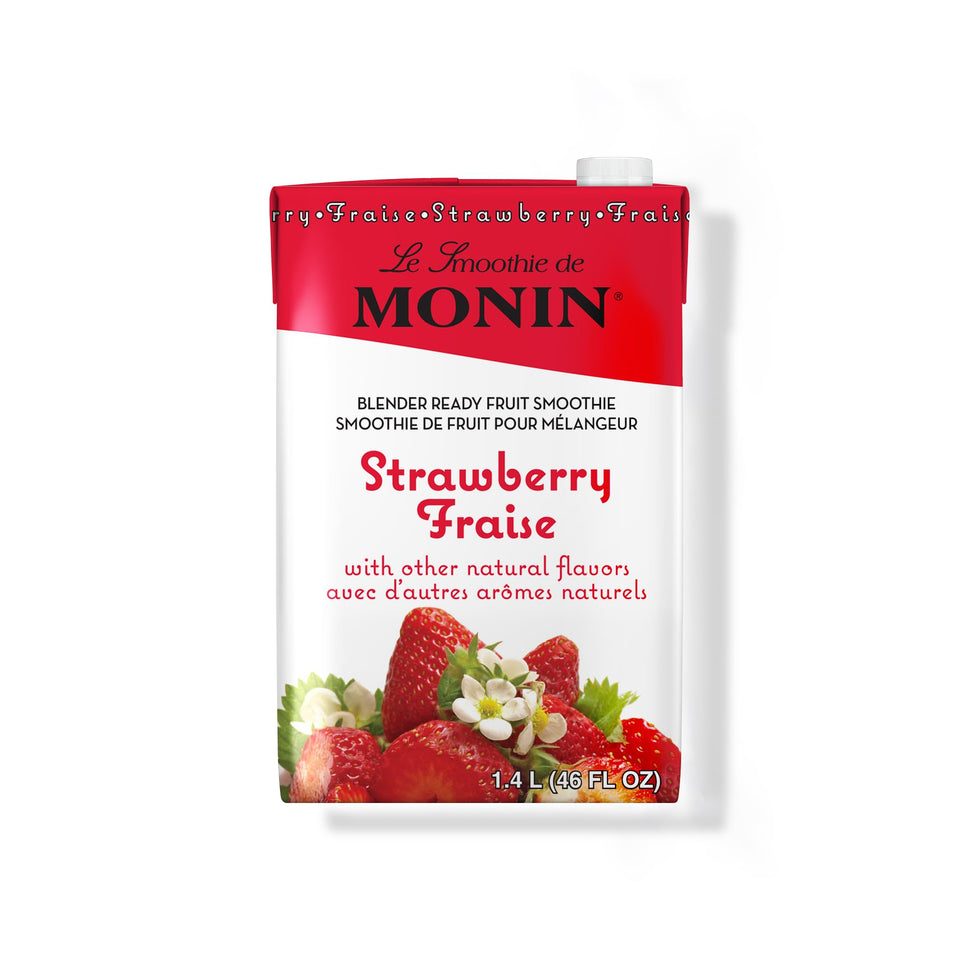 Monin Strawberry Fruit Smoothie Mix bottle ready for quick, dairy-free smoothies.