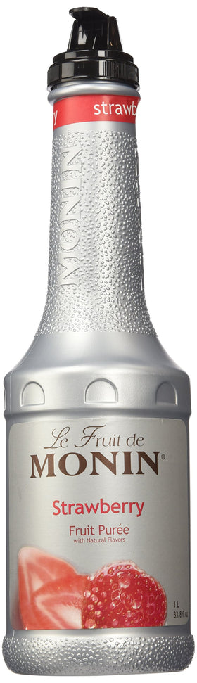Monin Strawberry Puree bottle on display, ideal for crafting flavorful drinks.