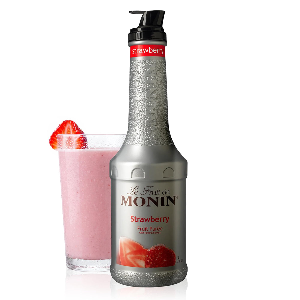 Monin Strawberry Purée bottle ready to flavor cocktails.