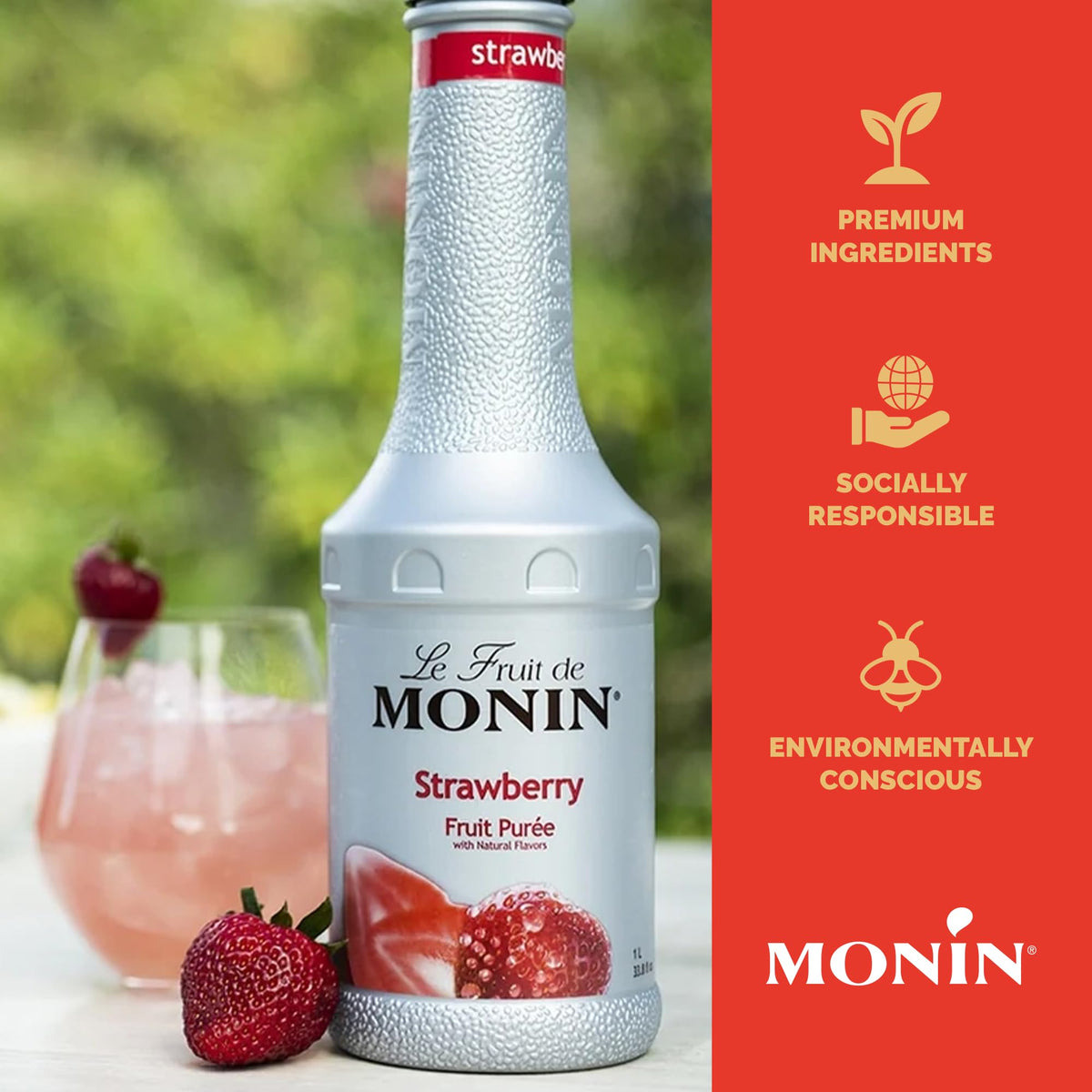 Label on Monin Strawberry Purée shows real fruit and non-GMO.