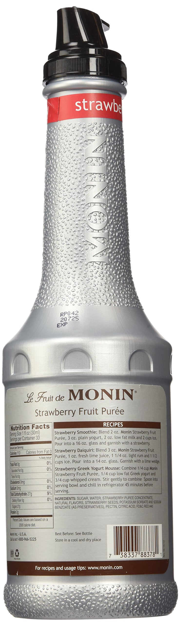 Monin Strawberry Puree being poured into a glass, ideal for cocktails.