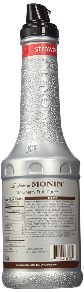Monin Strawberry Puree being poured into a glass, ideal for cocktails.