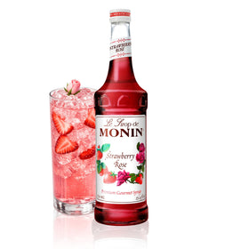 Monin Strawberry Rose Syrup bottle elevates lattes with romantic strawberry-rose flavor.